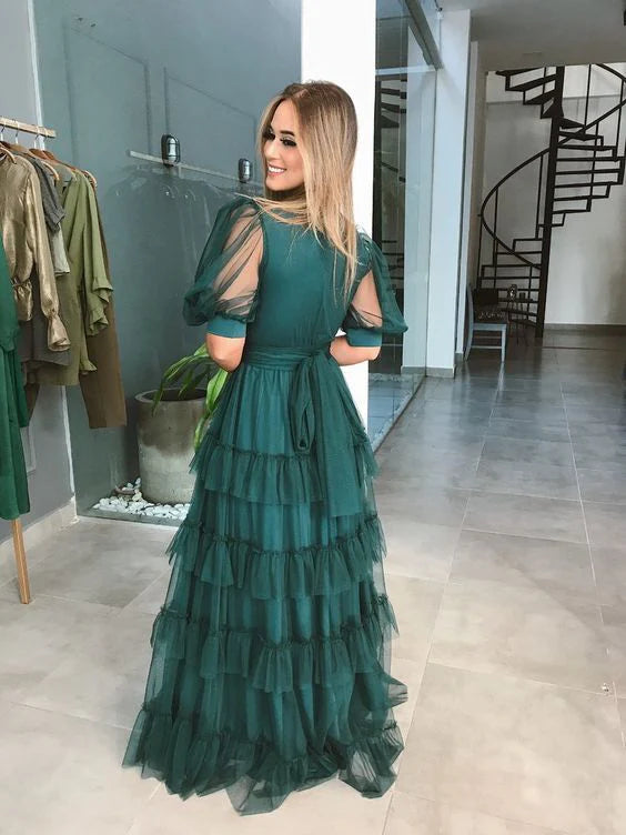 Vestido formal sencillo de tul verde con escote en V y mangas cortas, corte A, largo hasta el suelo, para fiesta de graduación. Tiendas con vestidos de fiesta.